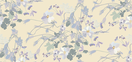 Colorful flowers seamless pattern on light yellow background for wrapping paper, wallpaper print and textile