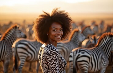 Obraz premium Attractive black woman poses with zebras. African safari travel theme features model in zebra print dress. Sunset illuminates golden hour in nature. Wildlife scene. Beautiful model smiles at camera.