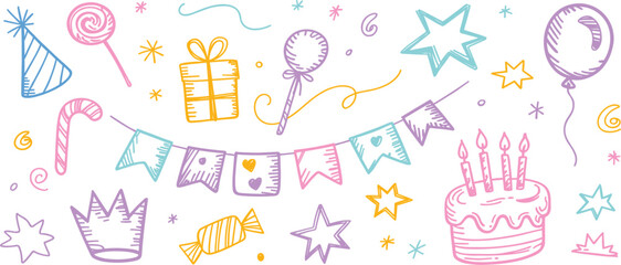 Fototapeta premium Hand drawn sketch colorful birthday and party elements set, cake, balloons, gift, and banner illustration