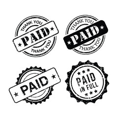 Paid Stamp Collection: Grunge-Style Paid , Paid in Full , Thank You Stamps for Marking Completed Transactions or Invoices