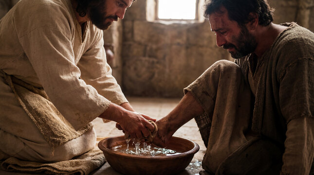 Biblical scene of Jesus Christ kneeling to wash the feet of the Apostle Peter. A powerful moment of humility, servant leadership, and love before the Last Supper.