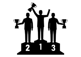 Businessman Holding Trophy on Sport Podium Silhouette. Goal Achievement and Business Success Concept. Vector Illustration.