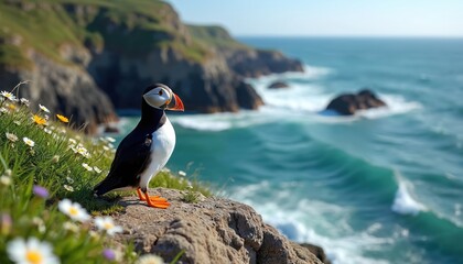 Atlantic puffin bird stands on rocky cliff edge. Colorful seabird with orange beak looks at ocean waves crashing on shore. Wild nature landscape with green grass and small flowers.
