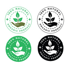 100 Natural Organic Product Stickers: Set of Four Circular Stickers with Hand Holding Plant Illustration in Green, Black, and White Colors