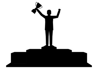 Businessman Holding Trophy on Sport Podium Silhouette. Goal Achievement and Business Success Concept. Vector Illustration.