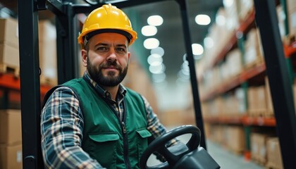 Man in hard hat drives forklift in warehouse among shelves filled with boxes. Logistics worker operates forklift in distribution center moving cargo. Supply chain operation.