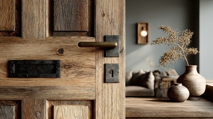Close up on a light wood panel door showing a gold handle and keyhole leading to a bright living room with neutral decor in a modern scandinavian home