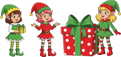 Fototapeta premium Three Cute Happy Cartoon Christmas Elves Girls in Red and Green Costumes Delivering Presents and Gifts Vector Illustration Set for Holiday Season Design.