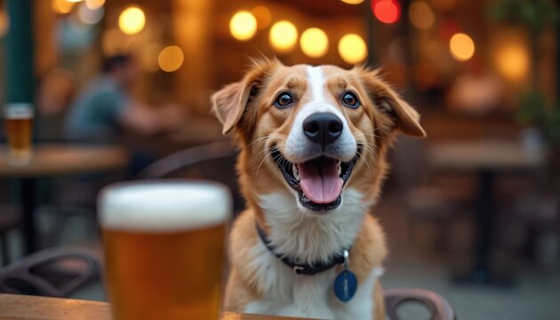 Happy dog sits at outdoor pub table near beer glass. Canine friend enjoys evening drinks with blurred people background. Adorable pet looks cheerful, relaxed. Fun social gathering scene. - Powered by Adobe