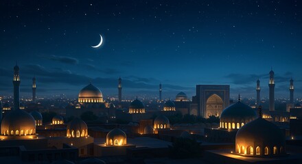 Nighttime View Illuminated Mosque Complex