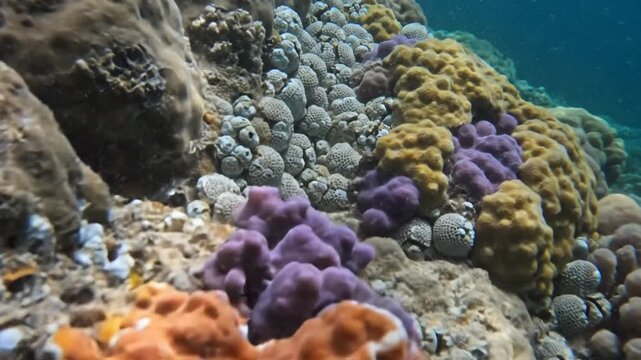 Diverse marine life, including barnacles and vibrant corals, colonizing ancient underwater rock formations