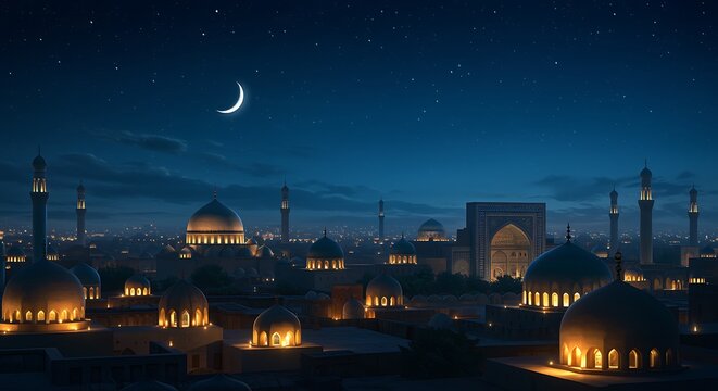 nighttime view of illuminated mosque complex with crescent moon