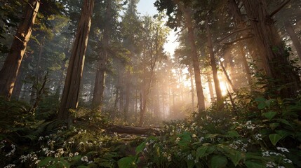 Obraz premium calm forest dawn with layered mist and soft glow, ultra realistic, no people 