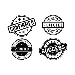 Set of Confirmed, Rejected, Verified, and Success Stamps - Circular Designs with Bold Text and Star-Studded Borders for Approval, Verification, and Status Indication in Various Applications