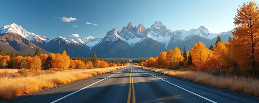 Empty asphalt road leads through golden autumn forest towards snow capped mountains under clear blue sky. Scenic mountain pass drive shows vibrant fall foliage and tall pine trees. - Powered by Adobe