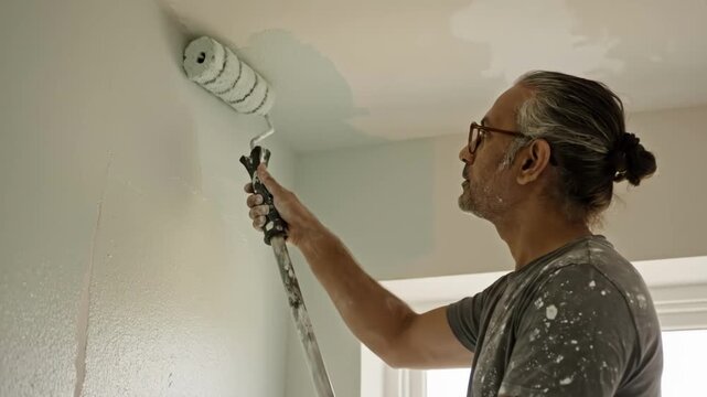 Man painting a wall with a roller in a room with a window