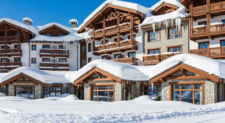 Snow-covered ski resort hotel facade in winter season  
