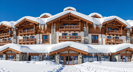 Ski resort hotel facade covered in snow with blue sky backdrop  