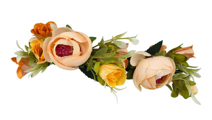 Yellow rose flowers in a beautiful artificial wreath isolated on white or transparent background