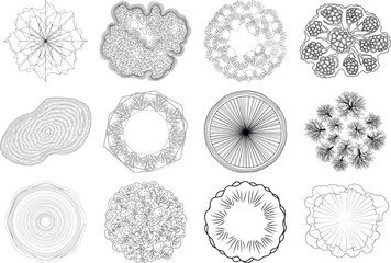 Collection of intricate circular patterns and shapes in black and white