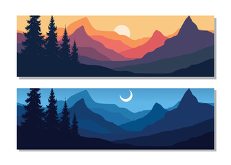 Serene mountain landscapes with pine trees at sunset and moonrise