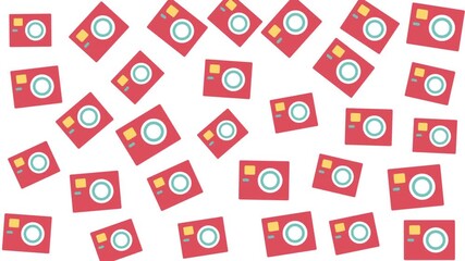 Flat lay of vintage red cameras scattered on white background, photography collection, creative hobby, top view, minimalist studio setup