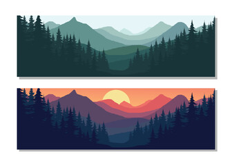 Stunning mountain landscapes with pine forests at sunrise and sunset