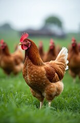 Fototapeta premium A brown hen stands in green grass at a farm with other chickens blurred in background. Domestic birds graze on meadow during daytime. Rural poultry scene.