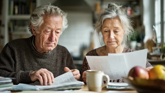 Senior couple studying documents at kitchen table. Elderly pair reviews bills and mail. Reading paperwork together at home. Financial administration retirement planning work.