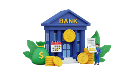 Bank Building with Loan Application and Financial Elements