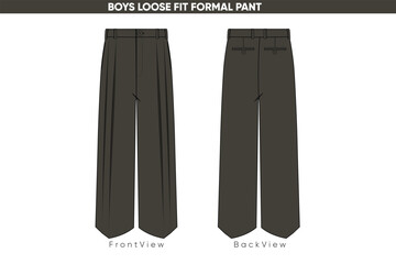 Boys Loose Fit Formal Pant Vector Flat Drawing, Front and Back View
