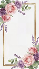 Elegant Floral Golden Frame with Watercolor Roses and Lavender