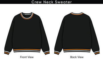 Crew Neck Sweater Vector Flat Drawing, Front and Back View Illustration