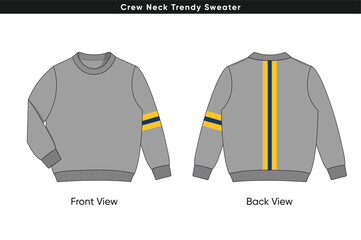 Crew Neck Trendy Sweater Vector Flat Illustration with Stripe Accents