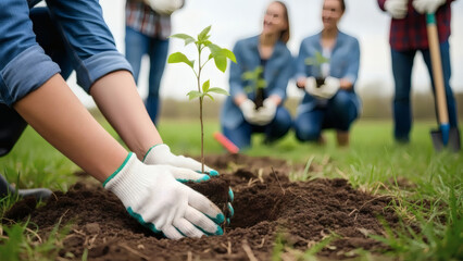 Tree planting activity with gardening hands nurturing a young sapling, symbolizing environmental conservation, outdoor teamwork, sustainable practices, and community involvement.