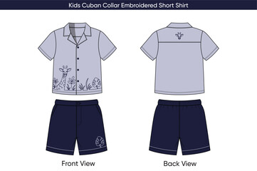 Kids Cuban Collar Embroidered Shirt and Short Set Vector Flat Drawing