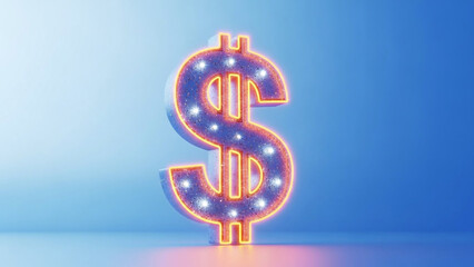 Obraz premium Glowing neon dollar sign on blue background with starry night effect