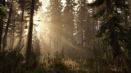 Fototapeta premium dawn forest scene with fog and warm light, ultra realistic, no people 