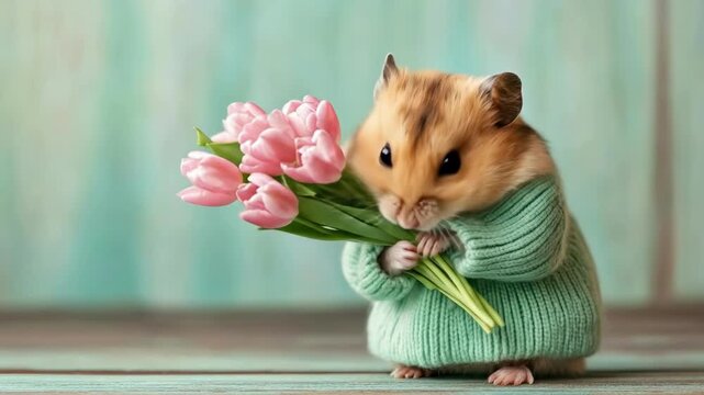 Adorable hamster holding pink tulips in green sweater. March 8, International Women's Day. Mother's Day