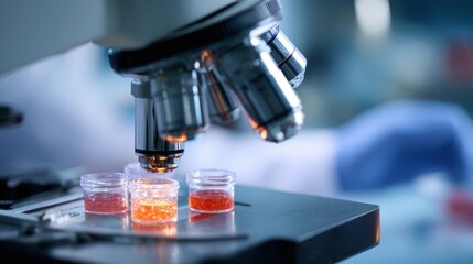 A technician focuses on examining colorful samples through a microscope in a laboratory. The environment is equipped for detailed scientific research and experimentation.