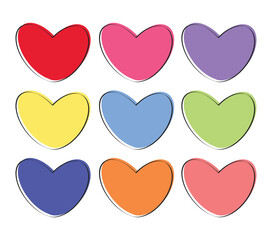 Set of colorful hand-drawn doodle heart icons with rough black outlines