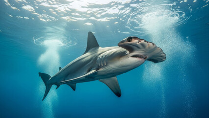 Majestic Hammerhead Shark Glides Through Deep Blue Ocean Waters Near Sunlit Surface