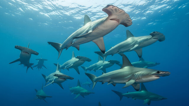 A school of hammerhead sharks gracefully swimming in clear blue ocean waters