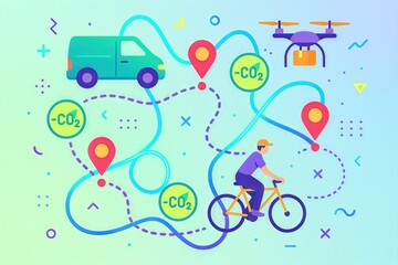 Fototapeta premium Innovative Urban Mobility Solutions Featuring Electric Delivery Van and Bicycle Commuter Demonstrating CO2 Reduction Strategy with Interactive GPS Mapping and Drone Logistics Framework
