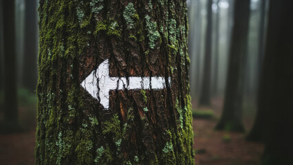 White Direction Arrow Painted on Mossy Tree Bark in a Misty Forest Trail