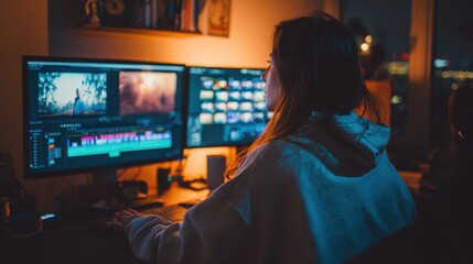 Fototapeta premium A person is focused on editing a video at their desk late at night. The workspace features dual monitors, displaying various clips and edits with a warm ambient glow enhancing concentration.