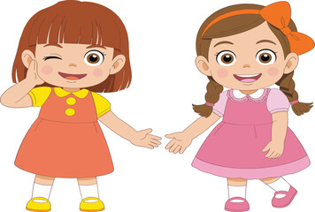 Two cute cartoon little girls in dresses, one winking, happy children characters set vector illustration