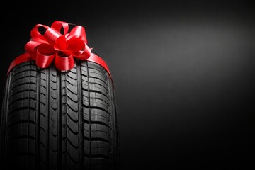 New car tire wrapped with a red gift ribbon and bow on a dark background, symbolizing automotive promotion, gift, or special offer with copy space