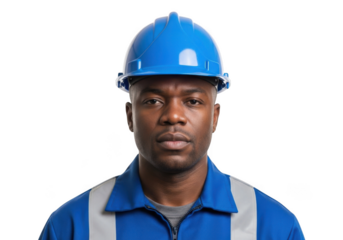Worker wearing blue hard hat and safety vest isolated on transparent background