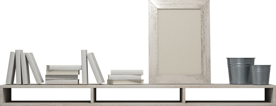 Minimal Wooden Shelf with Books, Empty Frame and Metal Buckets on Transparent Background